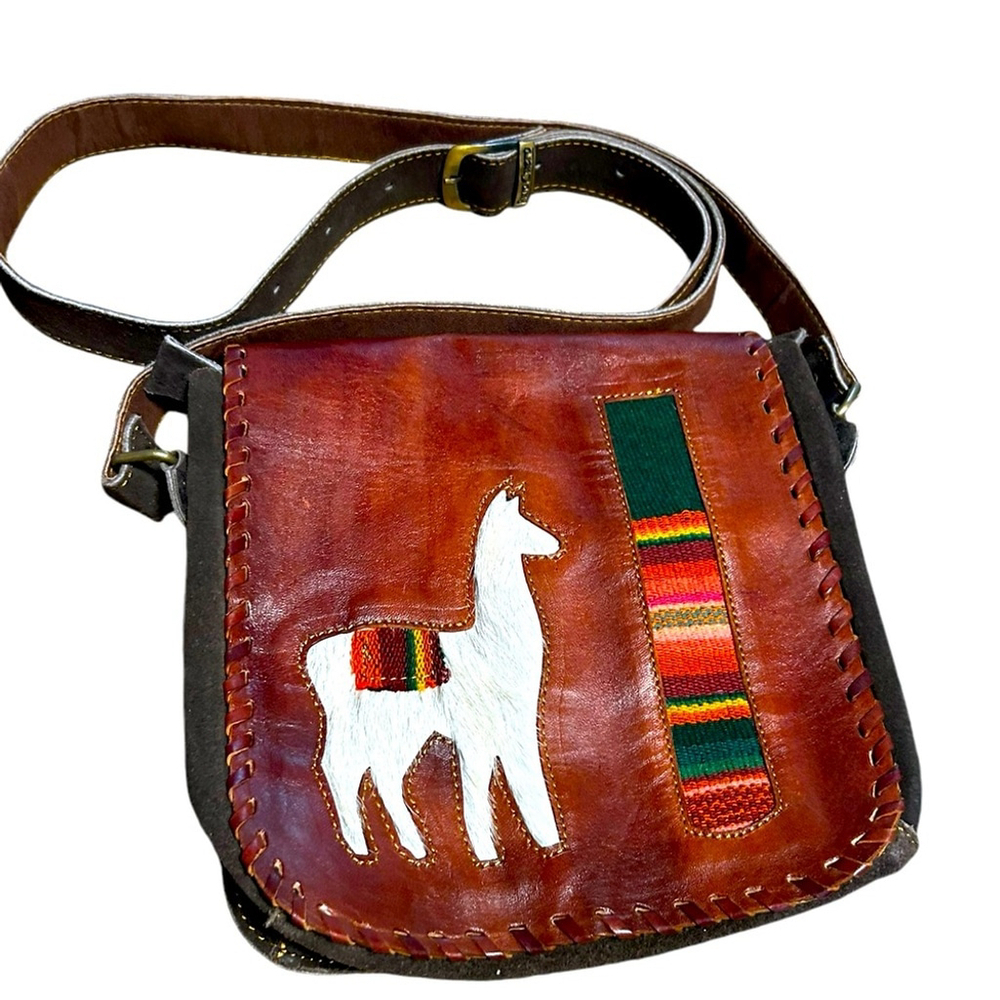 Vintage Puro Cuero Peruvian Handmade Leather and fur Lama embroilered Crossbody